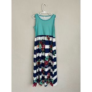 Pixie Girl Mint& White Floral Stripe Sleeveless Maxi Dress, Size 5/6